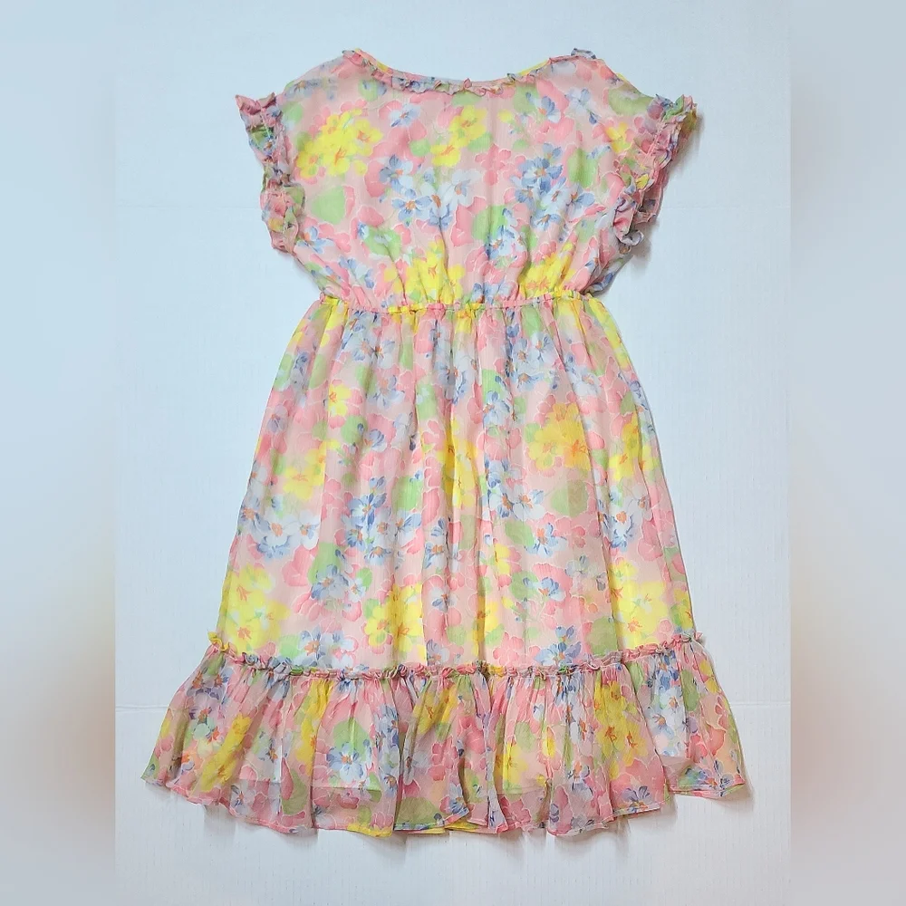 Ralph Lauren Girls Pink Yellow Floral Short Sleeve Ruffled Chiffon Dress Sz 10